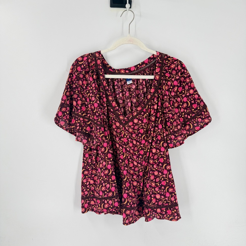 Old Navy Dark Floral Ditsy Burgundy XL Boho Flowy Lace Trim Fall Top Drapey